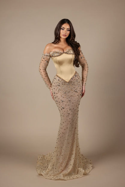 Long Sleeves Sweetheart Strapless Mermaid Beads Prom Dress