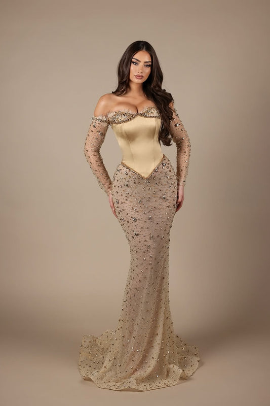 Long Sleeves Sweetheart Strapless Mermaid Beads Prom Dress