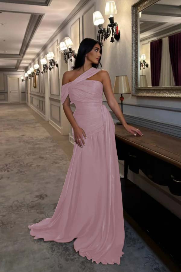 Sleeveless Square One Shoulder Prom Dress With Pleated