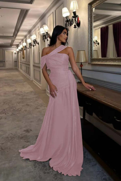 Sleeveless Square One Shoulder Prom Dress With Pleated