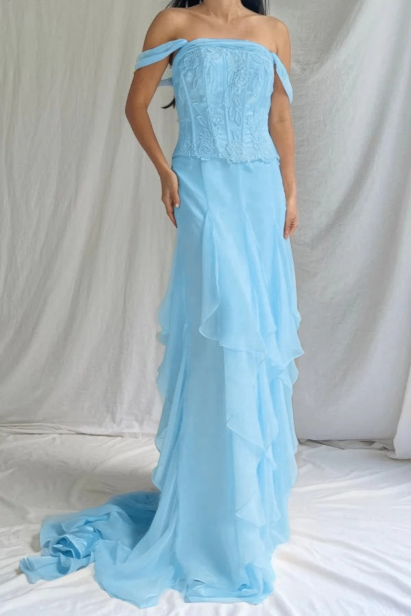 Elegant Ivory Off-Shoulders Evening Dress Sleeveless Ruffles with Applique