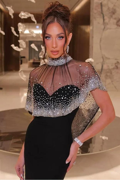 Shinning Black Satin Sweetheart Beaded Sleeveless Mermaid Prom Dress with Shawl
