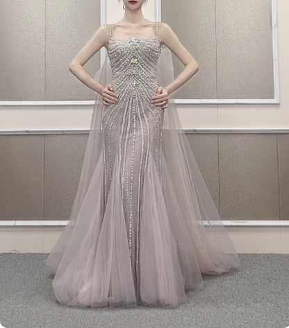 Gorgeous Light Lilac Spaghetti Strap Square Neck Rhinestone Tulle Train Prom Dress Evening Dress P4568