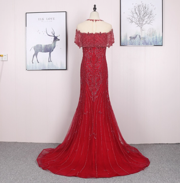 Bright Red Mermaid Crew Neck Beaded Tulle Train Prom Dress Evening Dress P4569