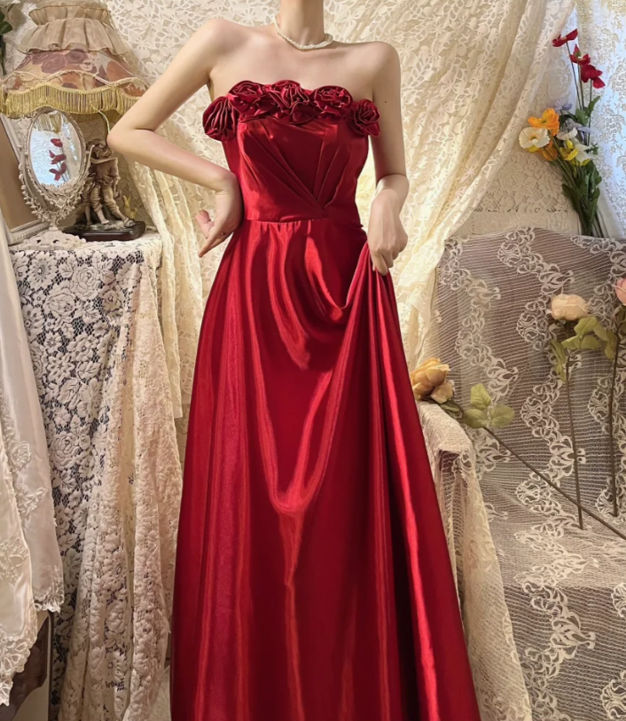 Fashion Red Strapless Satin A Line Long Wedding Guest dress Formal Evening Gown With 3D Flowers D2142