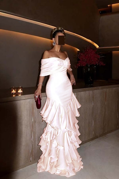 Glamorous Orchid Off the Shoulder Ruffles Evening Dress with Pleated