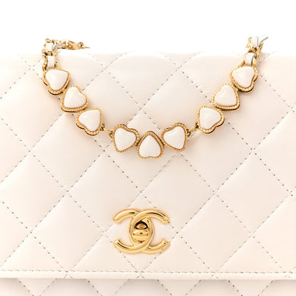 Shiny Crumpled Calfskin Quilted Enamel Heart Wallet On Chain WOC White