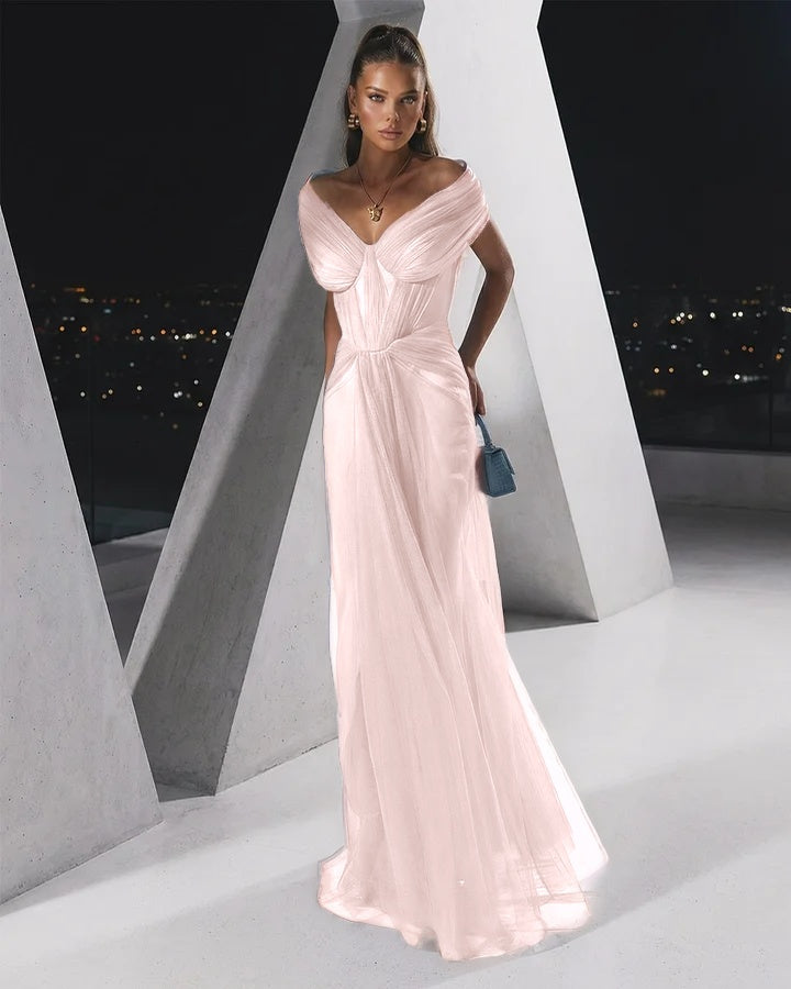 Flowing Dusty Blue Off-The-Shoulder Pleated Long Tulle Evening Dress