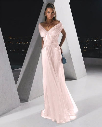 Flowing Dusty Blue Off-The-Shoulder Pleated Long Tulle Evening Dress
