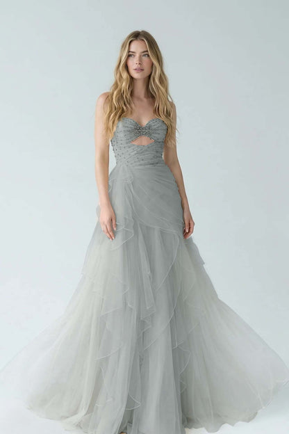 White Sweetheart A-Line Evening Dress Floor Length Pleated with Rhinestone