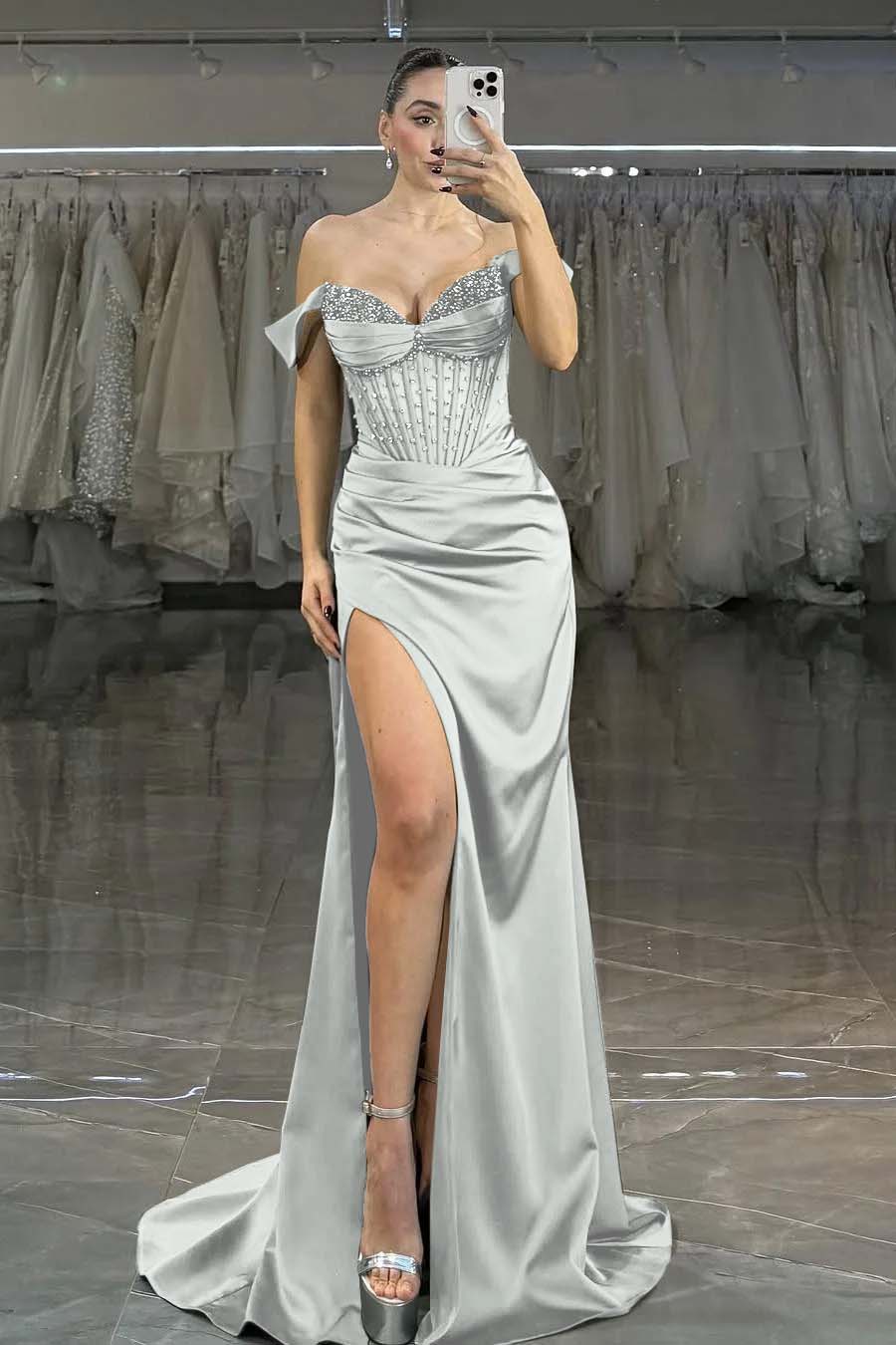 Charming Dark Green Satin Off the Shoulder Strapless Long Prom Dress with Beadings