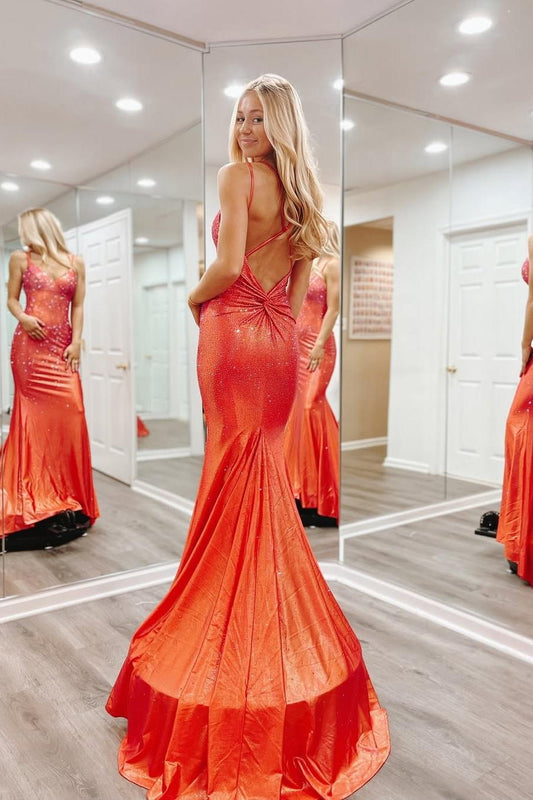 Shinning Orange Spaghtti Strap Sleeveless V Neck Mermaid Prom Dress with Beadings