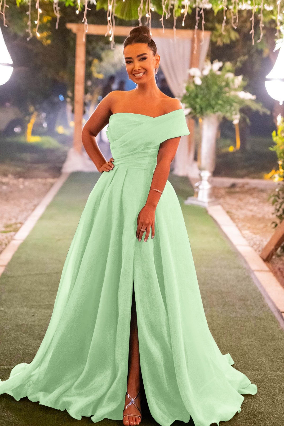 Dark Green One Shoulder Mermaid Front Split Evening Dress With Bowknot Strapless
