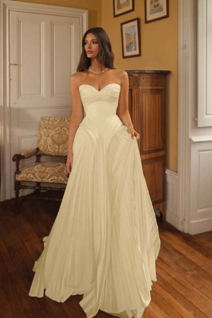 White A Line Strapless Sleeveless Long Dress with Pleated