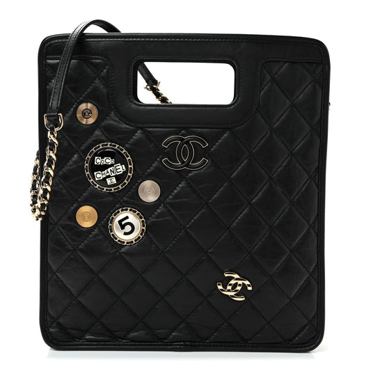 Aged Calfskin Small Charms Shopping Bag Black