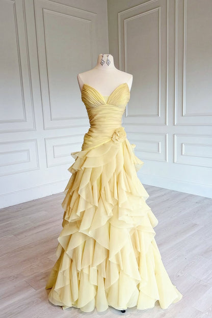 Sleeveless Deep V-Neck A-Line Evening Dress Pleated With Ruffles
