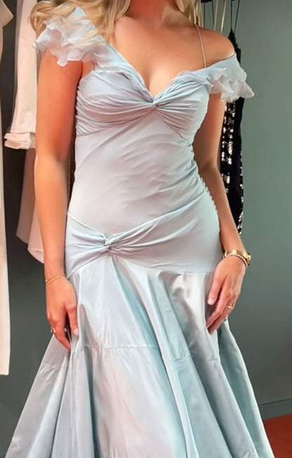 Retro Style A Line Off the Shoulder Blue Satin Long Party Dress Prom Dress SH2611