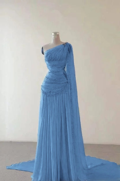 Glamorous Pink Sleeveless One Shoulder Long Evening Dress With Train