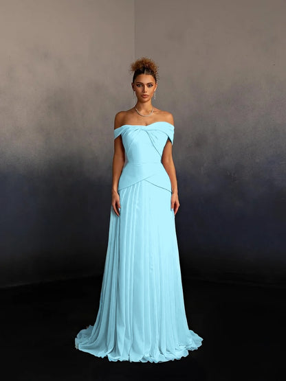 Glamorous Pink Off-The-Shoulder Pleated Long Evening Dress