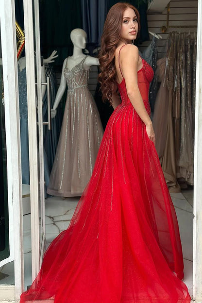 Elegant Red Sequins Spaghtti Strap Sleeveless Sweetheart Prom Dress with Detachable Train