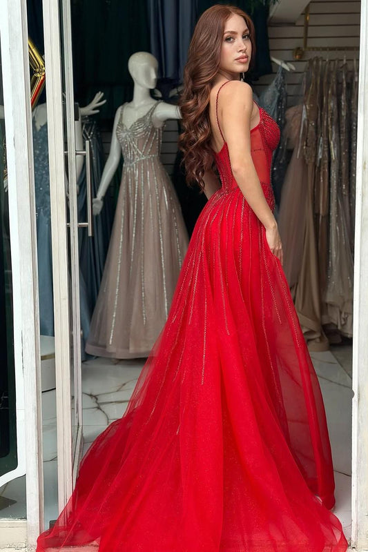 Elegant Red Sequins Spaghtti Strap Sleeveless Sweetheart Prom Dress with Detachable Train