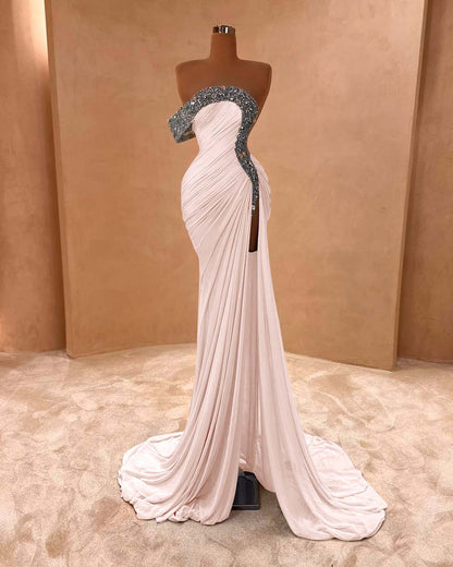Light Purple Sleeveless Strapless Mermaid Beads Prom Dress