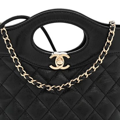Shiny Crumpled Calfskin Quilted Mini 31 Shopping Bag Black