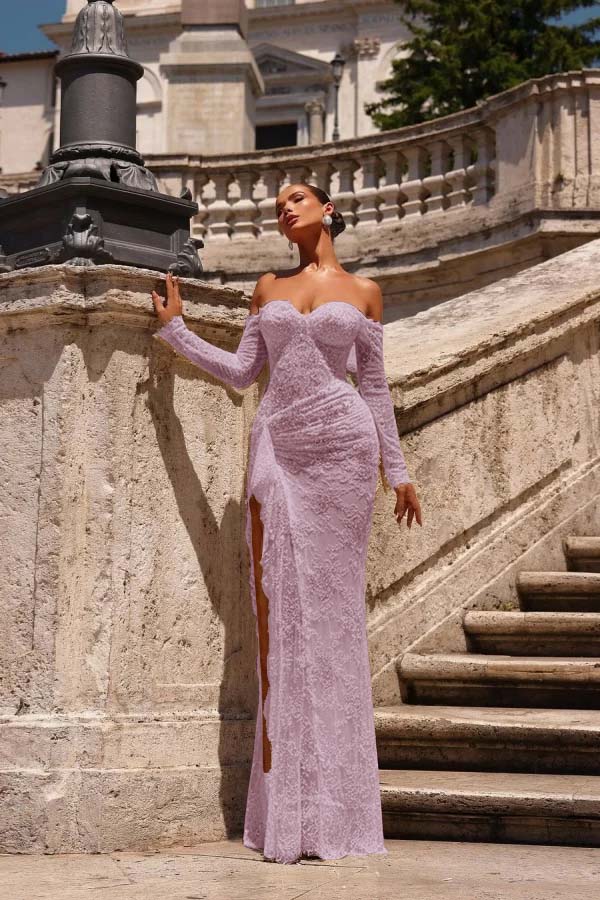 Champagne Lace Strapless Split Prom Dress With Long Sleeves