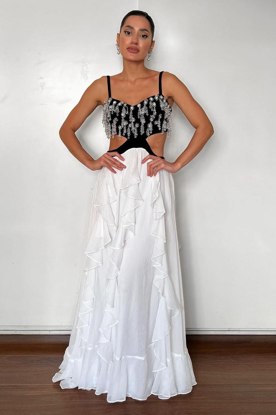 Glamorous Black and White Chiffon Sleeveless Spaghetti Strap Beadings Prom Dress with Ruffles
