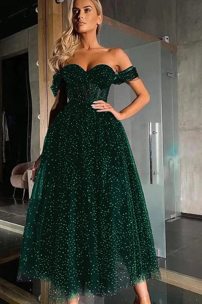 Black Off-The-Shoulder Sweetheart A-Line Beads Prom Dress With Tulle