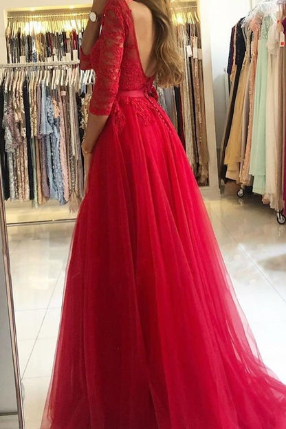 Long Sleeves A-Line Prom Dress Slit With Lace