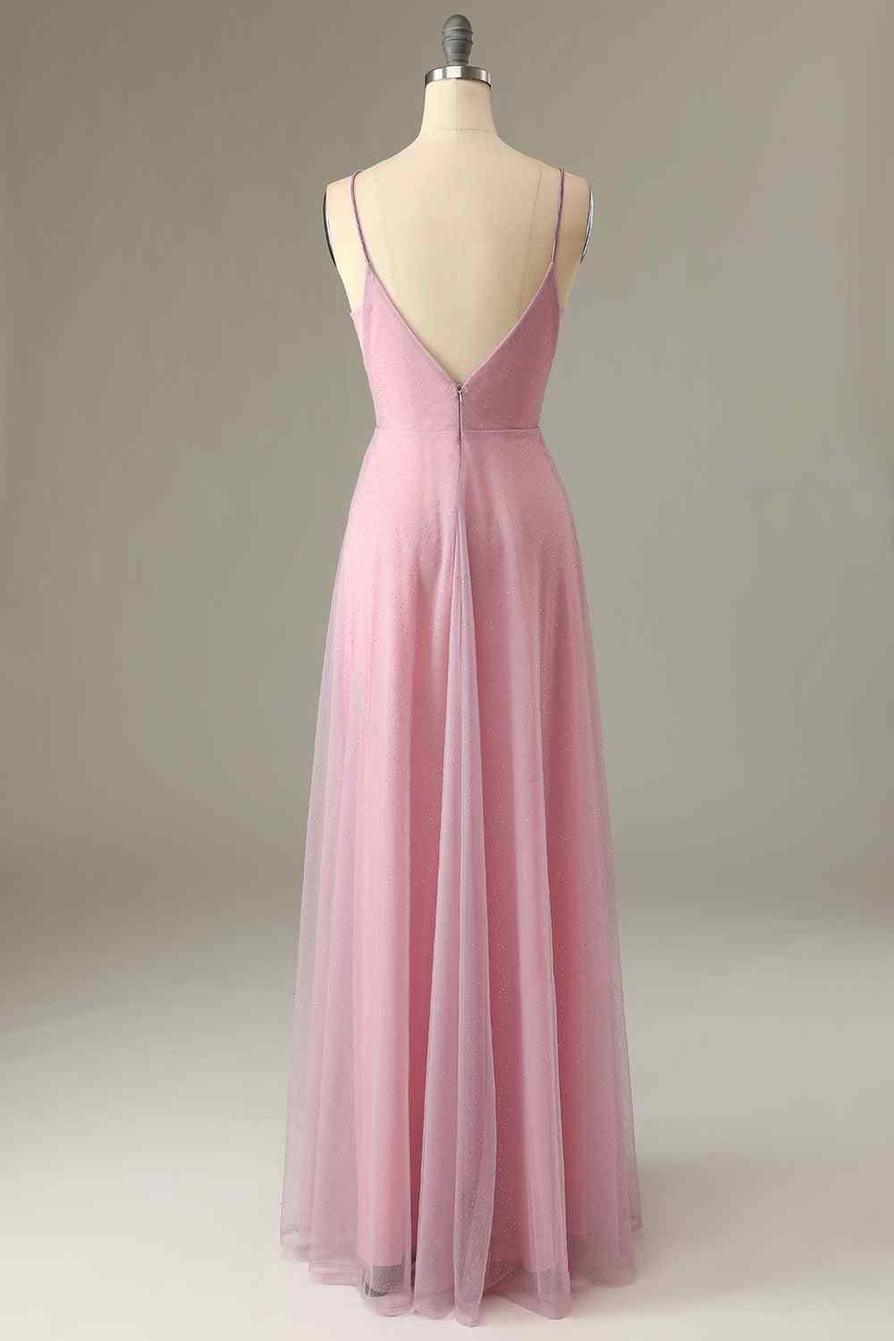 Pink Sparkly A-line V Neck Pleated Long Bridesmaid Dress