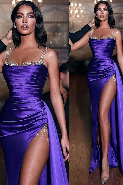 Purple Sleeveless Spaghetti Strap Beads Mermaid Prom Dress