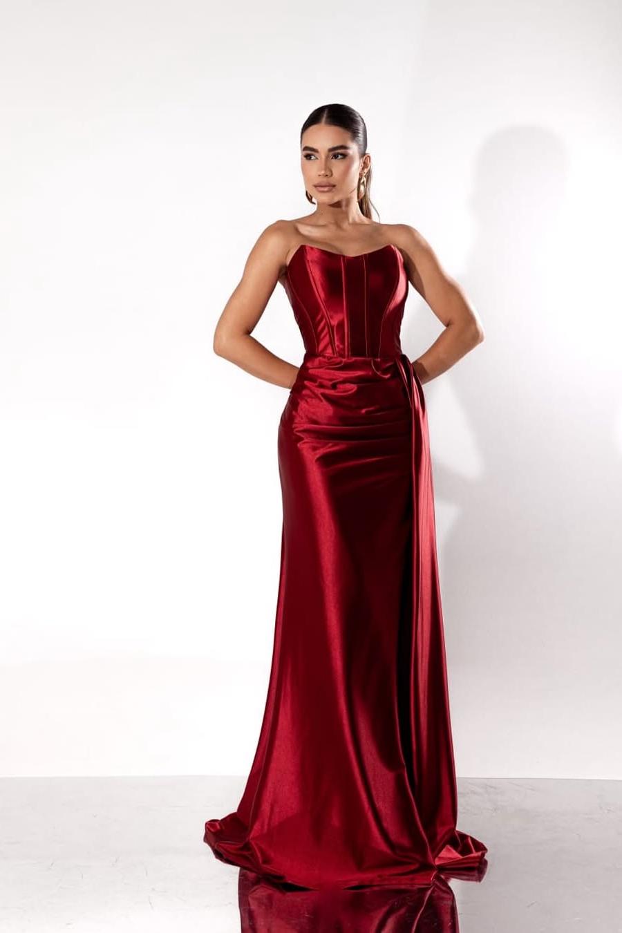 Beautiful Burgundy Satin Sleeveless Strapless Long Pleated Prom Dress with Split