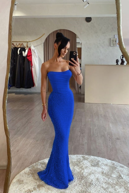 Pink Satin Sequins Spliced Strapless Mermaid Prom Dress