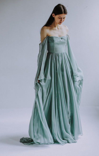 Muted Green A Line Long Sleeve Chiffon Prom Dress Party Dress SH4297