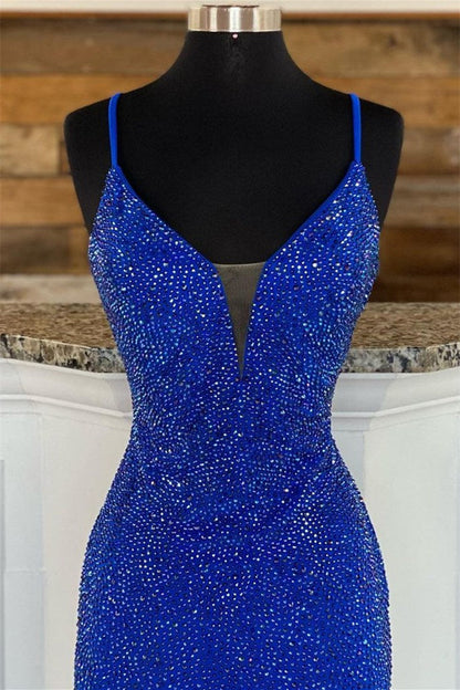Royal Blue V Neck Mermaid Evening Dress Split With Appliques