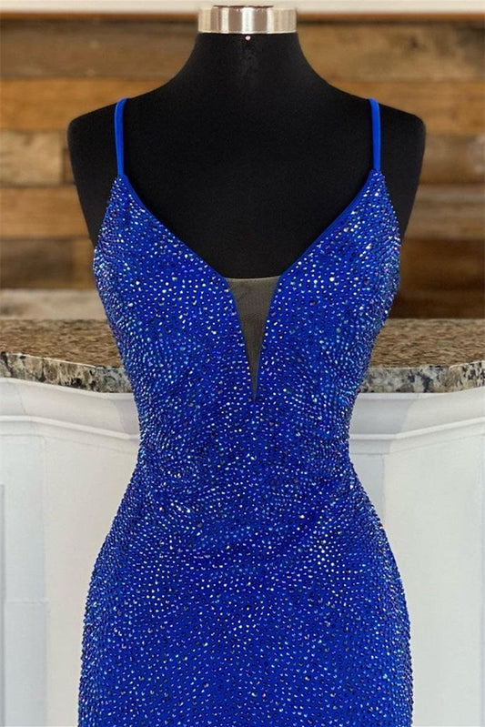 Royal Blue V Neck Mermaid Evening Dress Split With Appliques
