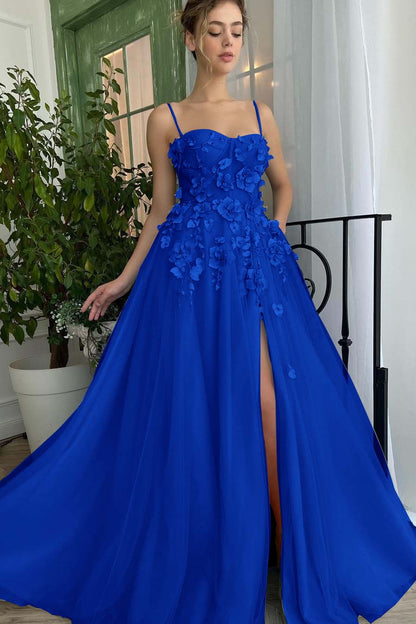 Baby Blue Sweetheart Flowers Appliques Spaghetti Strap Prom Dress Side Split