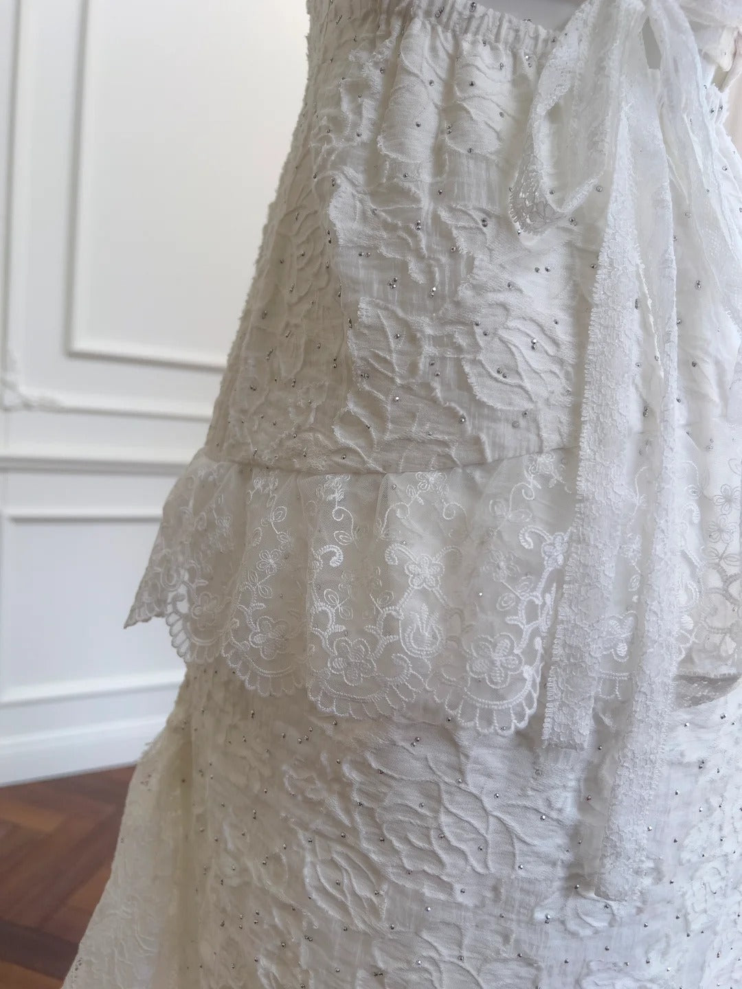Vintage Gorgeous White Irregular Strap Pearl Lace Prom Dress Evening Dress Bridesmaid Dress P4058