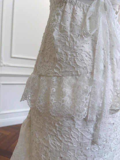 Vintage Gorgeous White Irregular Strap Pearl Lace Prom Dress Evening Dress Bridesmaid Dress P4058