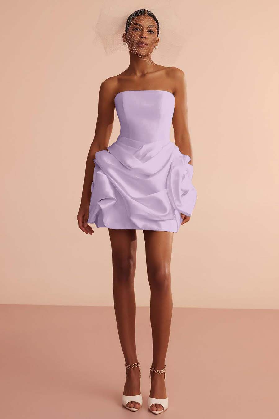 Exquiste Cream Satin Strapless Sleeveless Short Prom Dress with Pleated