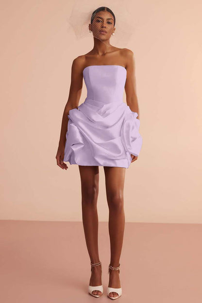 Exquiste Cream Satin Strapless Sleeveless Short Prom Dress with Pleated