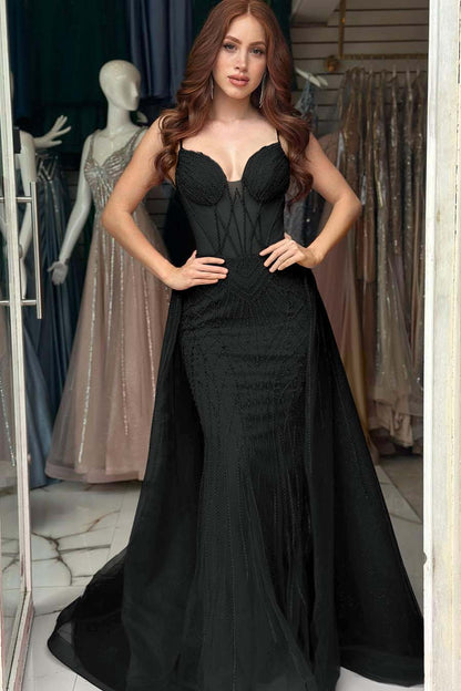Elegant Red Sequins Spaghtti Strap Sleeveless Sweetheart Prom Dress with Detachable Train