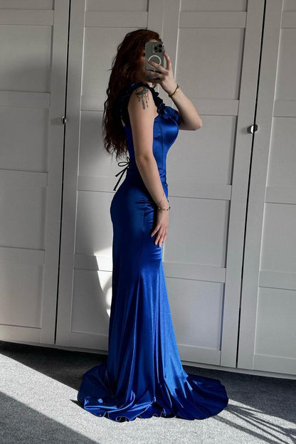 Stunning Royal Blue Satin Off the Shoulder Sleeveless Long Prom Dress with Pleated