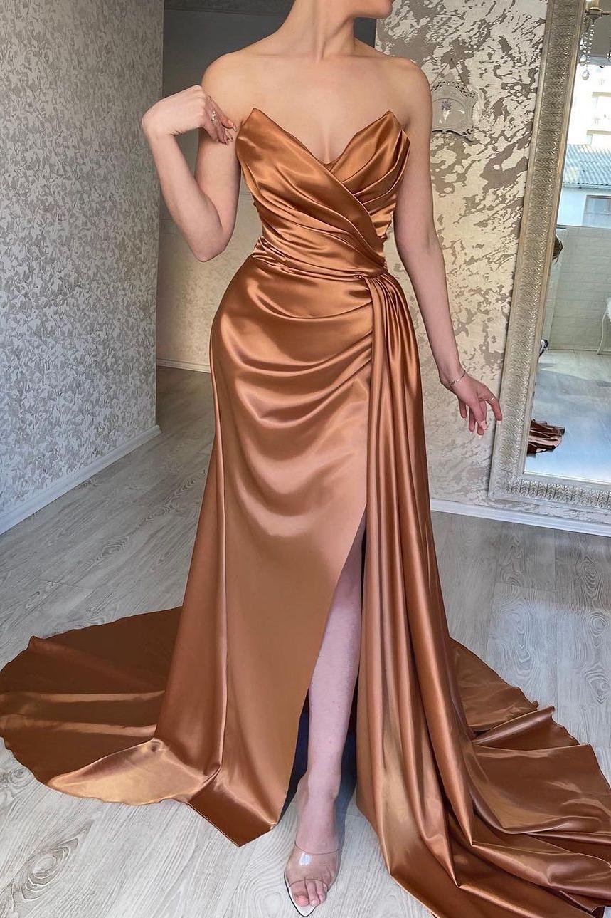 Chic Champagne Satin Strapless Sleeveless Long Pleated Prom Dress with Split