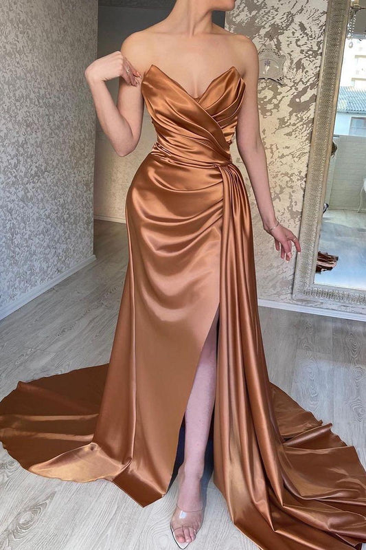 Chic Champagne Satin Strapless Sleeveless Long Pleated Prom Dress with Split