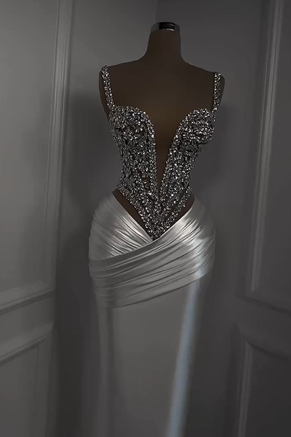 Charming White Satin Spaghetti Strap Sleeveless Pleated Prom Dress with Beadings