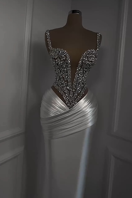 Charming White Satin Spaghetti Strap Sleeveless Pleated Prom Dress with Beadings