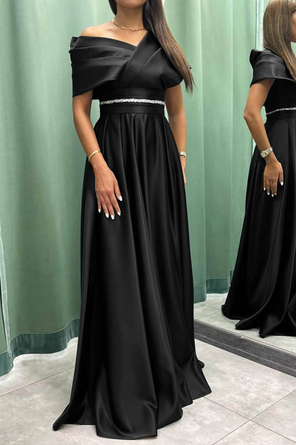 Elegant Long Evening Dress Pleat Off-The-Shoulder